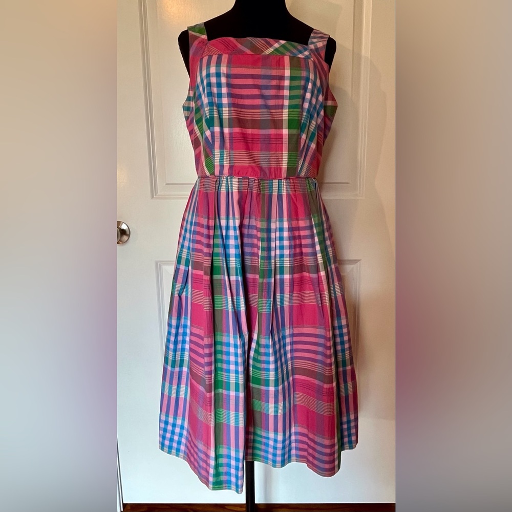 J. Crew Pink Plaid Midi Sundress with Green & Blue Accents